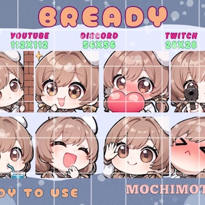 Könnte beinhalten: Eine Sammlung von acht Emoticons im Chibi-Stil mit braunen Haaren und großen Augen. Die Emoticons sind für die Verwendung auf Plattformen wie YouTube, Discord und Twitch konzipiert, mit unterschiedlichen Größen. Das Wort "BREADY" steht oben, und "READY TO USE" und "MOCHIMOTES" stehen unten.