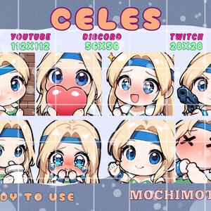 Könnte beinhalten: Eine Sammlung von acht Emotes im Chibi-Stil mit einem blonden Charakter mit blauen Augen und einem blauen Stirnband. Die Emotes zeigen verschiedene Ausdrücke, darunter das Halten eines Herzens, Weinen und das Halten einer Waffe. Text enthält "CELES", "YOUTUBE", "DISCORD", "TWITCH", "READY TO USE" und "MOCHIMOTES".