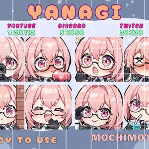 Könnte beinhalten: Eine Sammlung von acht digitalen Kunst-Emotes im Chibi-Stil, die einen Charakter mit rosa Haaren und Brille in verschiedenen Gesichtsausdrücken zeigen. Die Emotes sind für YouTube, Discord und Twitch gekennzeichnet.
