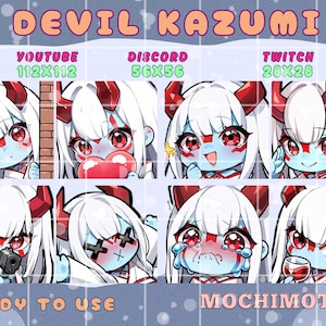 Könnte beinhalten: Eine Sammlung von acht digitalen Emotes mit einem Anime-Charakter mit Teufels-Thema, weißen Haaren, roten Hörnern und blauer Haut. Die Emotes zeigen verschiedene Ausdrücke und sind für die Verwendung auf YouTube, Discord und Twitch gekennzeichnet. Text enthält "DEVIL KAZUMI", "READY TO USE" und "MOCHIMOTES".