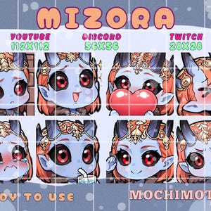 May include: A set of eight Mizora-themed Twitch emotes. Each emote features a blue-skinned character with red eyes, horns, and orange hair, displaying various expressions. Text includes "MIZORA", "YOUTUBE", "DISCORD", "TWITCH", "READY TO USE", and "MOCHIMOTES".
