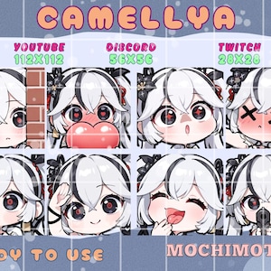 Pode incluir: Uma grade de oito emotes de personagens em estilo chibi com cabelo branco e detalhes em preto. Os emotes exibem várias expressões, incluindo surpresa, amor e uma língua brincalhona. O texto inclui "CAMELLYA", "YOUTUBE 112X112", "DISCORD 56X56", "TWITCH 28X28", "READY TO USE" e "MOCHIMOTES".