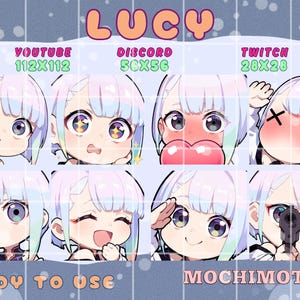 Könnte beinhalten: Ein digitales Sticker-Set mit dem Titel LUCY, das acht Chibi-Charakter-Ausdrücke mit hellviolettem Haar zeigt. Die Icons umfassen eine Figur beim Hervorschauen, Sterne in den Augen, ein rotes Herz, X-Augen, Trinken, Lächeln, Salutieren und eine Waffe haltend. Text: YOUTUBE 112x112, DISCORD 56x56, TWITCH 28x28, READY TO USE und MOCHIMOTES.