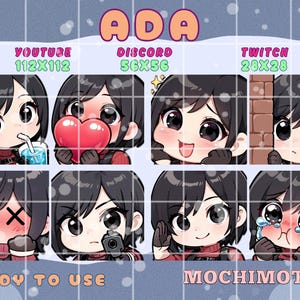 May include: A collection of eight digital chibi-style character emotes featuring a woman with black hair. The emotes are designed for use on platforms like YouTube, Discord, and Twitch. The word "ADA" is at the top, with "READY TO USE" and "MOCHIMOTES" at the bottom.