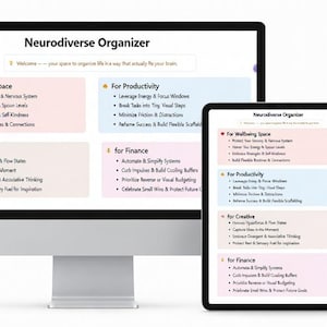 May include: A digital organizer titled "Neurodiverse Organizer" displayed on a desktop monitor, tablet, and smartphone. The interface features lists categorized by topics like Wellbeing, Productivity, and Finance, with bullet points detailing each category.
