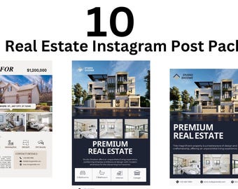 May include: A pack of 10 Real Estate Instagram Post templates. The templates feature images of houses, interior design, and the text "HOUSE FOR SALE" and "PREMIUM REAL ESTATE". The pack includes a variety of layouts and designs for real estate marketing.