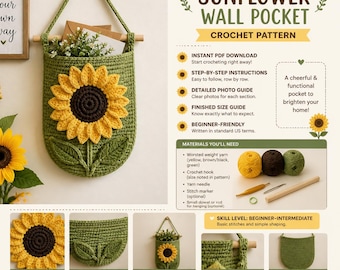 Crochet Sunflower Wall Pocket PATTERN | Boho Hanging Planter Basket PDF | Farmhouse Wall Decor | Easy Crochet Pattern | Instant Download