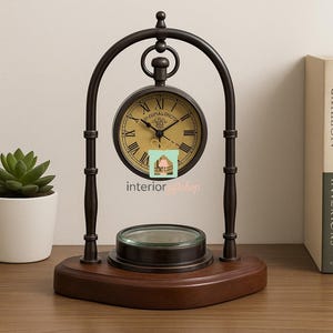 Black Finish Antique Brass Table Clock with Working Compass ~ Nautical Vintage Replica Hanging Brass Desk Clock ~ Home And Table Decorative
