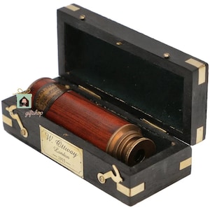 Viktorianisches Marine Antikes Messing-Teleskop mit handgefertigter Holzbox ~ Vintage Replik des Seeteleskops ~ Büro, Tisch & Sammlerstück