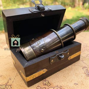Viktorianisches Marine Antikes Messing-Teleskop mit handgefertigter Holzbox ~ Vintage Replik des Seeteleskops ~ Büro, Tisch & Sammlerstück