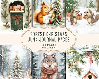 May include: A digital collage featuring watercolor illustrations of a winter forest scene. The images include a mailbox with gifts, a squirrel decorating a Christmas tree, and a wolf wearing a scarf. Text reads "Forest Christmas Junk Journal Pages".