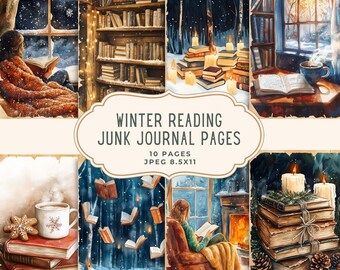 Op de afbeelding: Een collage van winterse journaalpagina's. De pagina's bevatten illustraties van gezellige leesscènes met boeken, kaarsen en besneeuwde landschappen. De tekst "Winter Reading Junk Journal Pages" is zichtbaar.