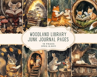 May include: A collection of ten "Woodland Library" junk journal pages. The pages feature watercolor illustrations of woodland animals reading books, including a mouse, hedgehog, fox, owl, squirrel, and rabbit. The pages are 8.5x11 inches.