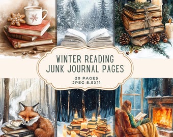 Op de afbeelding: Een digitale collage met winterthema-illustraties voor junk journal pagina's. De afbeeldingen bevatten stapels boeken, kaarsen, een vos en een persoon die bij een open haard leest. Tekst luidt "Winter Reading Junk Journal Pages, 20 Pages, JPEG 8.5x11."