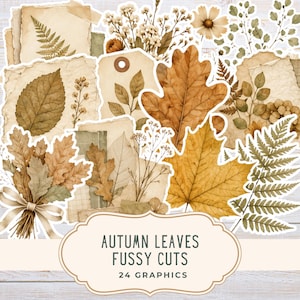 May include: A collection of 24 die-cut stickers featuring autumn leaves, dried flowers, ferns, and vintage paper scraps in shades of brown, tan, and muted green. The set includes oak leaves, maple leaves, and botanical illustrations with white borders.