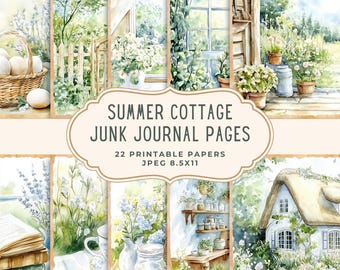 May include: A collection of 22 printable "Summer Cottage Junk Journal Pages" in a watercolor style. The pages feature images of cottages, gardens, and floral arrangements. The JPEG images are 8.5x11 inches.