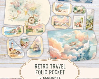 Retro Travel Folio Kit Junk Journal, Journey Scrapbooking, Vacation Printable Pages, Digital Download