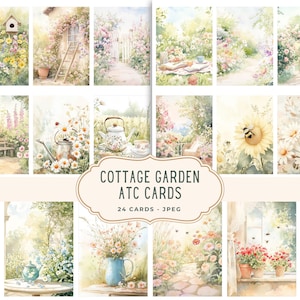 May include: A collection of 24 Cottage Garden ATC cards, each featuring watercolor illustrations of idyllic garden scenes. The images showcase pathways, flowers, and garden elements, with soft colors and a vintage aesthetic. The text "Cottage Garden ATC Cards" is displayed.