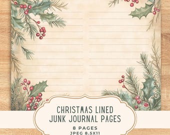 Christmas Lined Junk Journal Pages | Digital Paper | Christmas Scrapbooking Kit | Printable Cards, Ephemera, Paper Craft Collage Sheet
