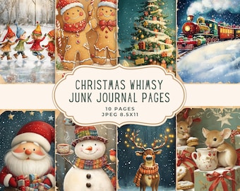 May include: A collection of Christmas-themed junk journal pages. The pages feature illustrations of gingerbread people, Santa Claus, a snowman, a reindeer, a Christmas tree, and children ice skating. Text on the image reads "Christmas Whimsy Junk Journal Pages".