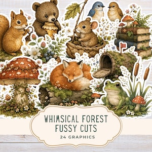 May include: A collection of forest-themed stickers featuring a squirrel, a bear with a honey pot, a mouse in a basket, birds, a stack of books, a fox sleeping on a log, a mailbox, and a frog. Text reads: WHIMSICAL FOREST FUSSY CUTS 24 GRAPHICS.