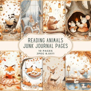 Reading Animals Junk Journal Pages | Fall Digital Paper | Cozy Book Lover Ephemera | Autumn Scrapbook Kit | Cottagecore Printable Papers