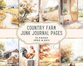 May include: A collection of watercolor-style junk journal pages with a country farm theme. The pages feature illustrations of rural landscapes, farm animals, and buildings. The text on the image reads "COUNTRY FARM JUNK JOURNAL PAGES" and "13 PAGES JPEG 8.5X11".