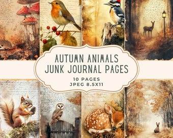 May include: A collection of ten vintage-style junk journal pages featuring autumn animals. The pages showcase illustrations of a squirrel, owl, deer, birds, and mushrooms. The text "Autumn Animals Junk Journal Pages" is displayed on the image.