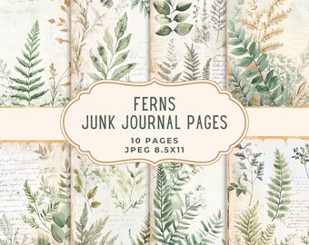 May include: A collection of ten vintage-style journal pages featuring watercolor illustrations of ferns and other greenery. The pages have a distressed, aged appearance with handwritten script and a beige border. The text on the image reads "FERNS JUNK JOURNAL PAGES 10 PAGES JPEG 8.5X11".