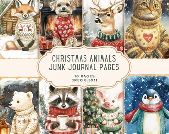 Páginas de diario basura con animales navideños / Papel digital / Kit de scrapbooking navideño / Tarjetas imprimibles / Materiales efímeros, manualidades en papel, collage