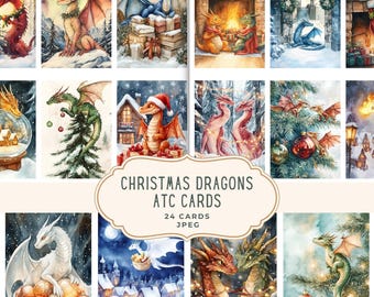 Christmas Dragons ATC Cards, Junk Journal Kit, Printable Pages, Scrapbooking Ephemera, Digital Download