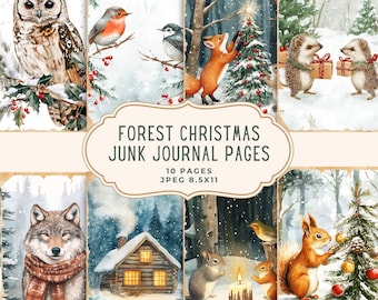 May include: A collection of ten Forest Christmas Junk Journal Pages. The pages feature watercolor illustrations of woodland animals, including an owl, fox, wolf, and squirrel, in a snowy forest setting. The pages are 8.5x11 inches.
