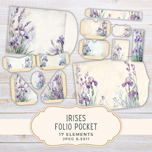 Könnte beinhalten: Eine Sammlung von 17 Papierelementen für eine Folientasche, mit Aquarellillustrationen von lila Iris und Grün auf cremefarbenem Hintergrund. Enthält Umschläge, Etiketten und Dekorationen. Der Text auf dem Bild lautet "IRISES FOLIO POCKET 17 ELEMENTS JPEG 8.5X11".