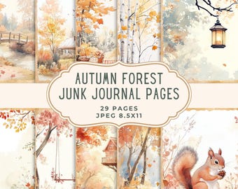 May include: A collection of 29 autumn-themed junk journal pages. The watercolor illustrations feature forest scenes with trees, a bridge, a treehouse, and a squirrel. The pages are 8.5x11 inches and have a vintage aesthetic.