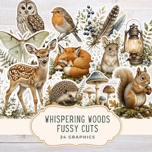 Op de afbeelding: Een verzameling bos-stickers met een uil, roodborstje, mot, hert, vos, egel, muis, eekhoorn, paddenstoelen en een lantaarn. Het centrale label bevat de tekst Whispering Woods Fussy Cuts 24 Graphics in een donkergroen lettertype.
