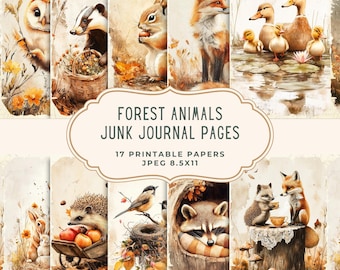Forest Animals Junk Journal Pages | Autumn Woodland Digital Paper | Printable Animal Scrapbooking Kit | Fall Nature Ephemera