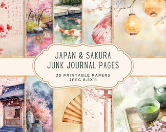 Kit Sakura Japan Junk Journal, carta digitale giapponese per acquerelli, effimeri fiori di ciliegio, scrapbooking primaverile stampabile