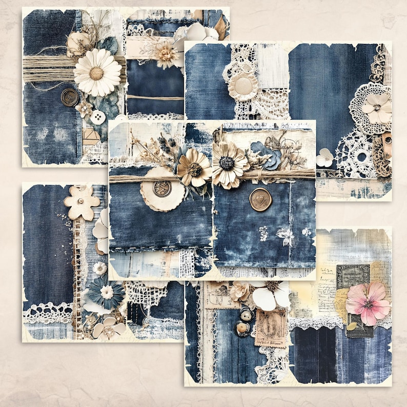 Denim Flowers Lace Junk Journal Pages | Printable Digital Paper Pack ...