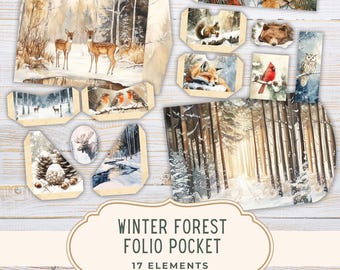 Peut inclure: Un ensemble de 17 éléments de papier sur le thème de la forêt hivernale, comprenant des illustrations de cerfs, d'oiseaux et de scènes boisées. L'ensemble présente une variété de formes et de tailles, avec une esthétique aquarelle. Le texte "Winter Forest Folio Pocket" est affiché.