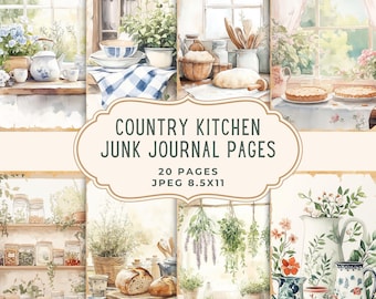 May include: Watercolor illustrations of a country kitchen theme. The image features various scenes with kitchenware, baked goods, and floral arrangements. The text reads "COUNTRY KITCHEN JUNK JOURNAL PAGES" with details of 20 pages and JPEG 8.5x11.