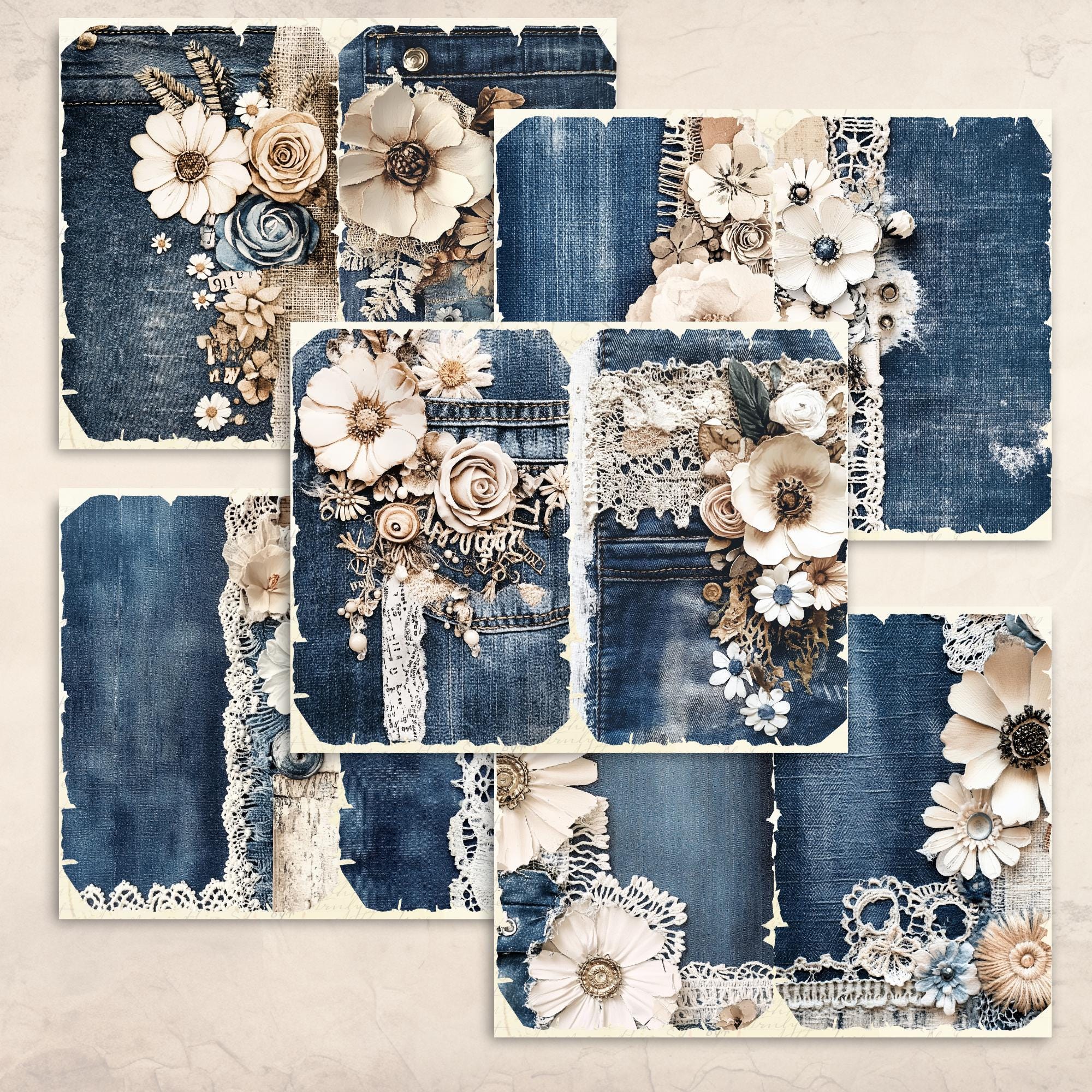 Denim Flowers Lace Junk Journal Pages | Printable Digital Paper Pack ...