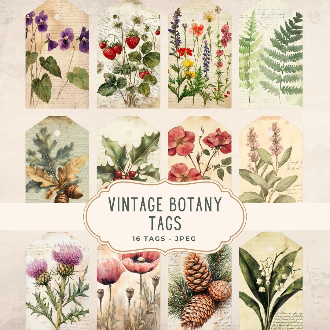 Vintage Botanical Tags, Junk Journal Kit, Scrapbooking Ephemera, Floral ...