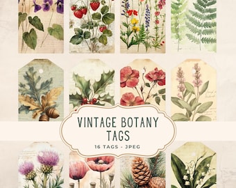 Vintage Botanische Tags, Junk Journal Kit, Scrapbooking Ephemera, Floral druckbare Seiten, digitaler Download