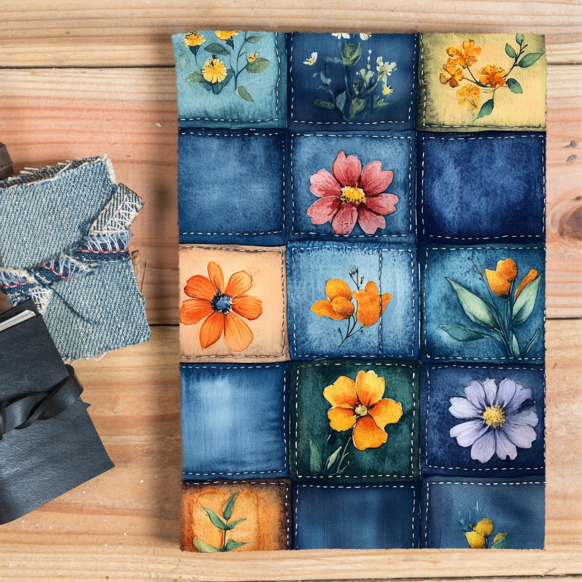 Floral Denim Patchwork Junk Journal Kit, Jeans Scrapbooking Set ...