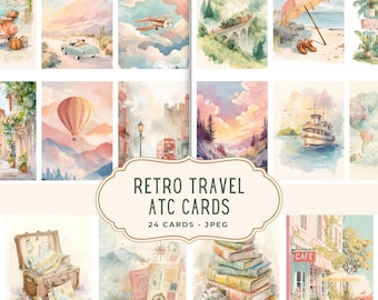 Retro Travel ATC Cards, Junk Journal Kit, Printable Pages, Journey Scrapbooking Ephemera, Digital Download