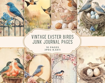 May include: A collage of vintage-style journal pages featuring illustrations of birds, nests, and eggs. The pages have a distressed, aged appearance with floral and ornamental elements. The text reads "VINTAGE EASTER BIRDS JUNK JOURNAL PAGES" and "10 PAGES JPEG 8.5X11".