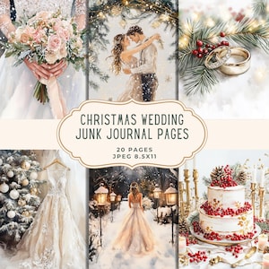 Puede incluir: Arte digital con una colección de páginas de diario de boda navideñas. Las páginas incluyen ilustraciones de una novia con un ramo, una pareja abrazándose, anillos de boda, un árbol de Navidad decorado, un vestido de novia y una tarta de boda.