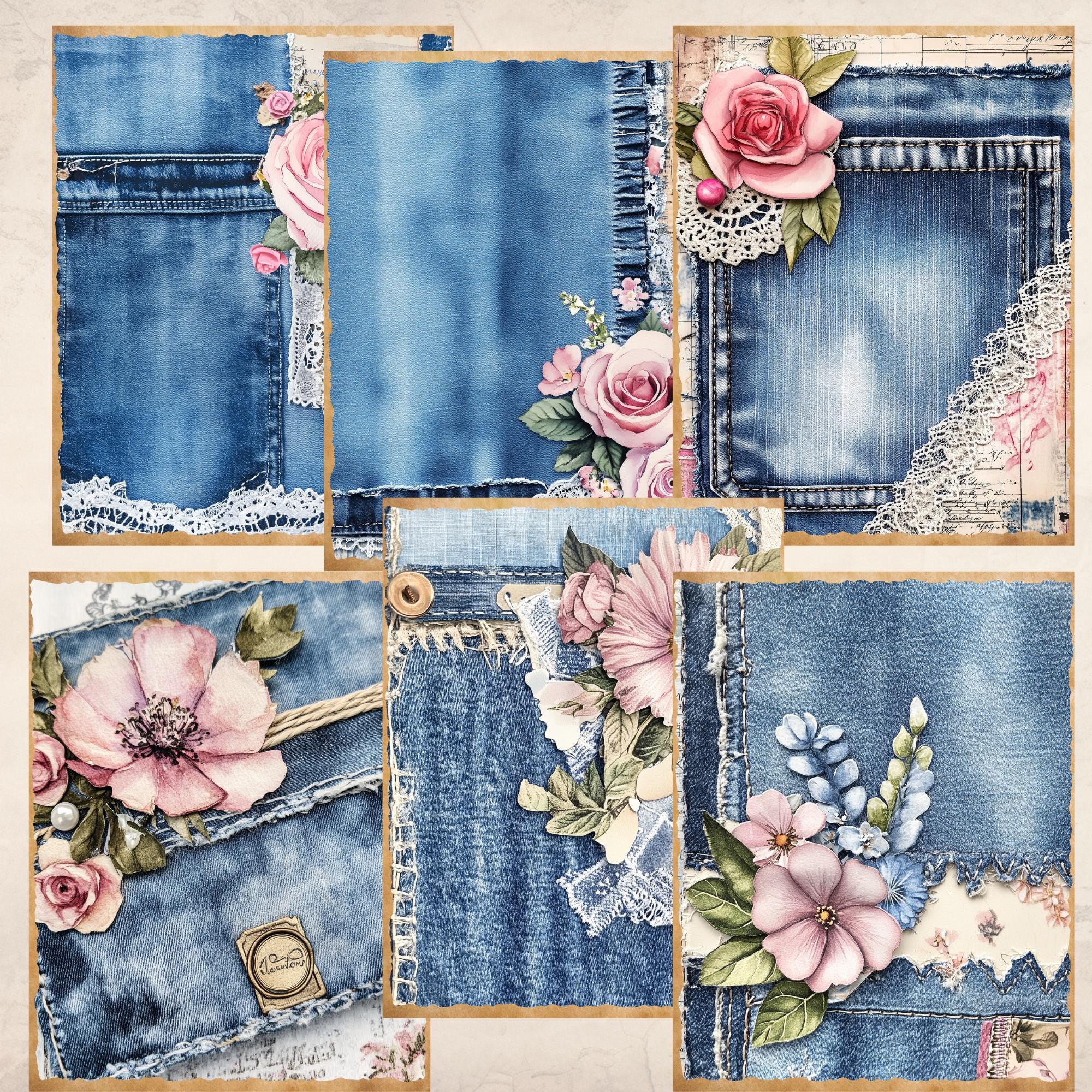 Denim Flowers Lace Junk Journal Pages | Printable Digital Paper Pack ...