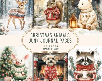 Páginas de diario basura con animales navideños / Papel digital / Kit de scrapbooking navideño / Tarjetas imprimibles / Materiales efímeros, manualidades en papel, collage