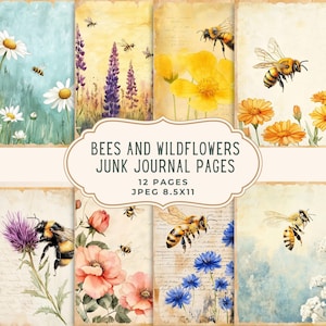 Bienen und Wildblumen Junk Journal Seiten | Vintage botanische Biene Digitales Papier | Rustikales Ephemera Blumen Kit zum ausdrucken